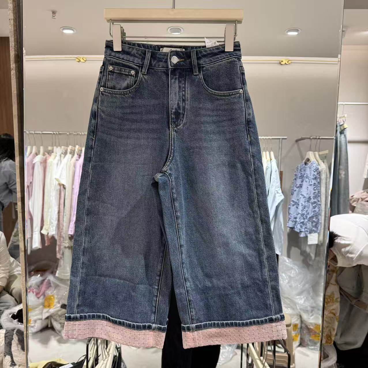 欧洲杯2026新款时尚高腰洋气拼色格纹裤脚牛仔休闲阔腿八分裤7038