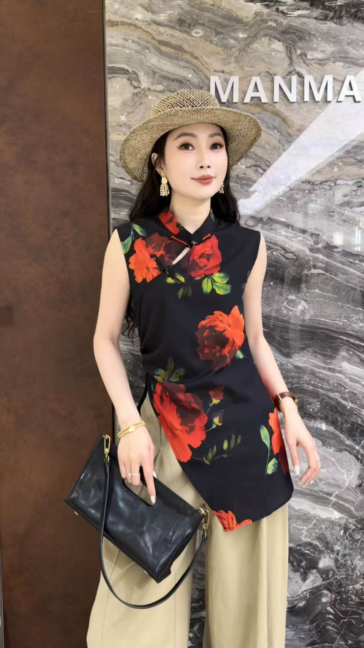曼曼家2026新款轻熟风洋气晕染印花立领新中式不规则无袖旗袍上衣