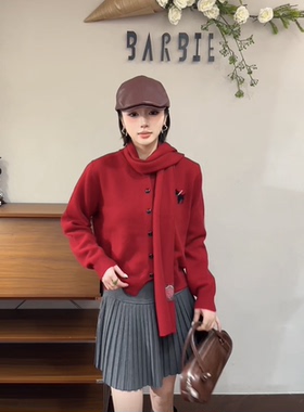 欧洲站2025冬新时尚圆领单排扣刺绣围巾款羊毛针织开衫毛衣12901