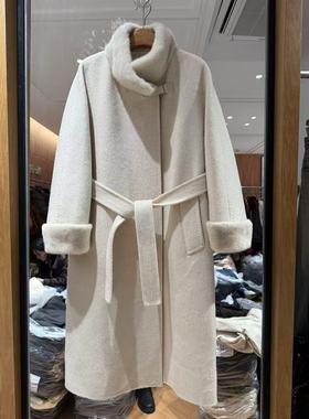欧洲站2025冬新高端水貂毛领羊绒长款皮扣系腰带气质大衣22905-9