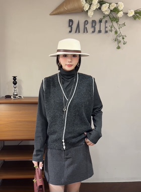 欧洲站2025冬新款时尚V领拼色羊毛呢马甲背心女百搭坎肩上衣18005