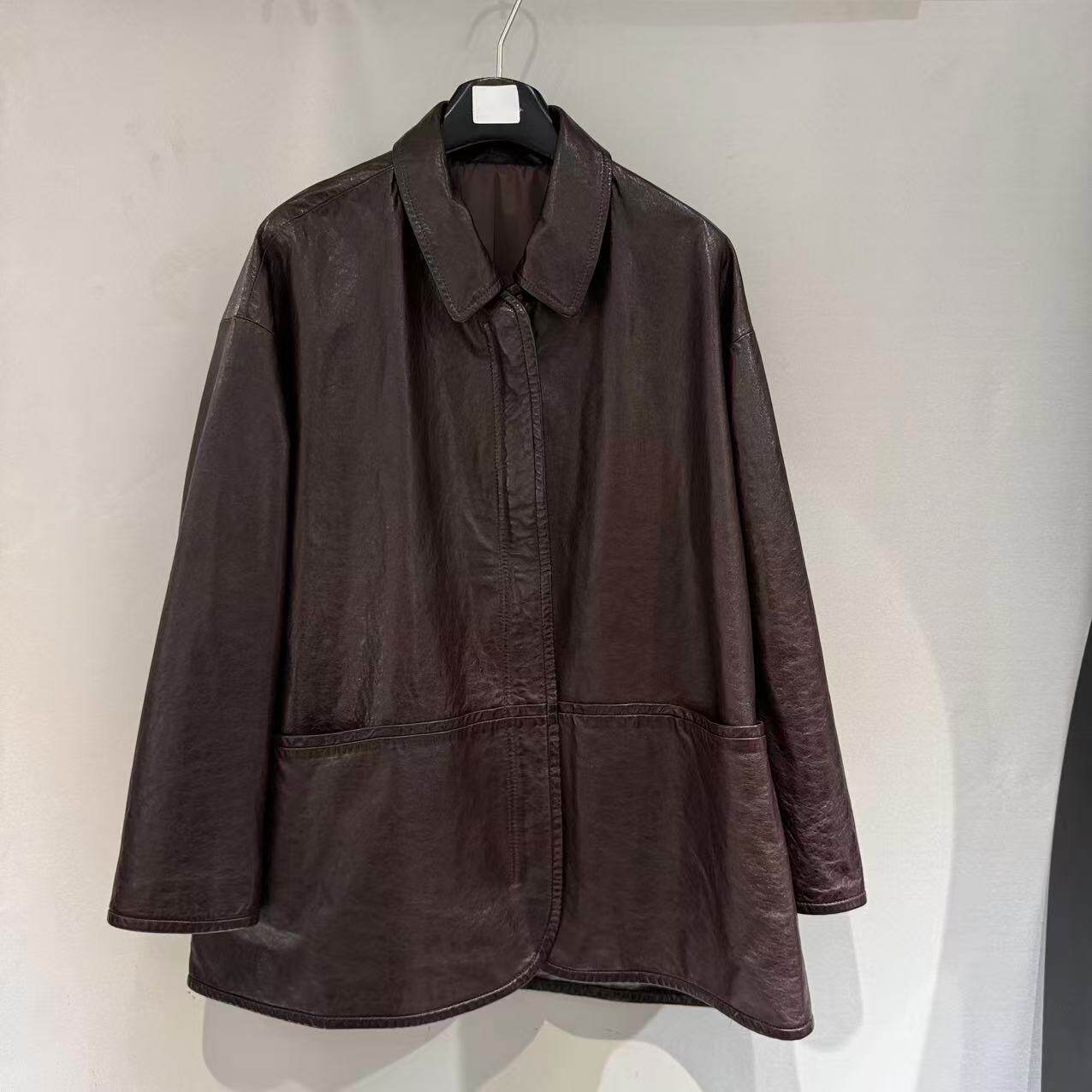 欧洲站2026春新款欧货翻领一字口袋宽松绵羊皮简约休闲皮外套616