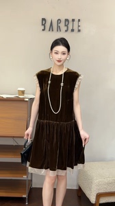 欧洲站2026夏新款欧货时尚圆领无袖拼纱下摆丝绒连衣裙女潮1212