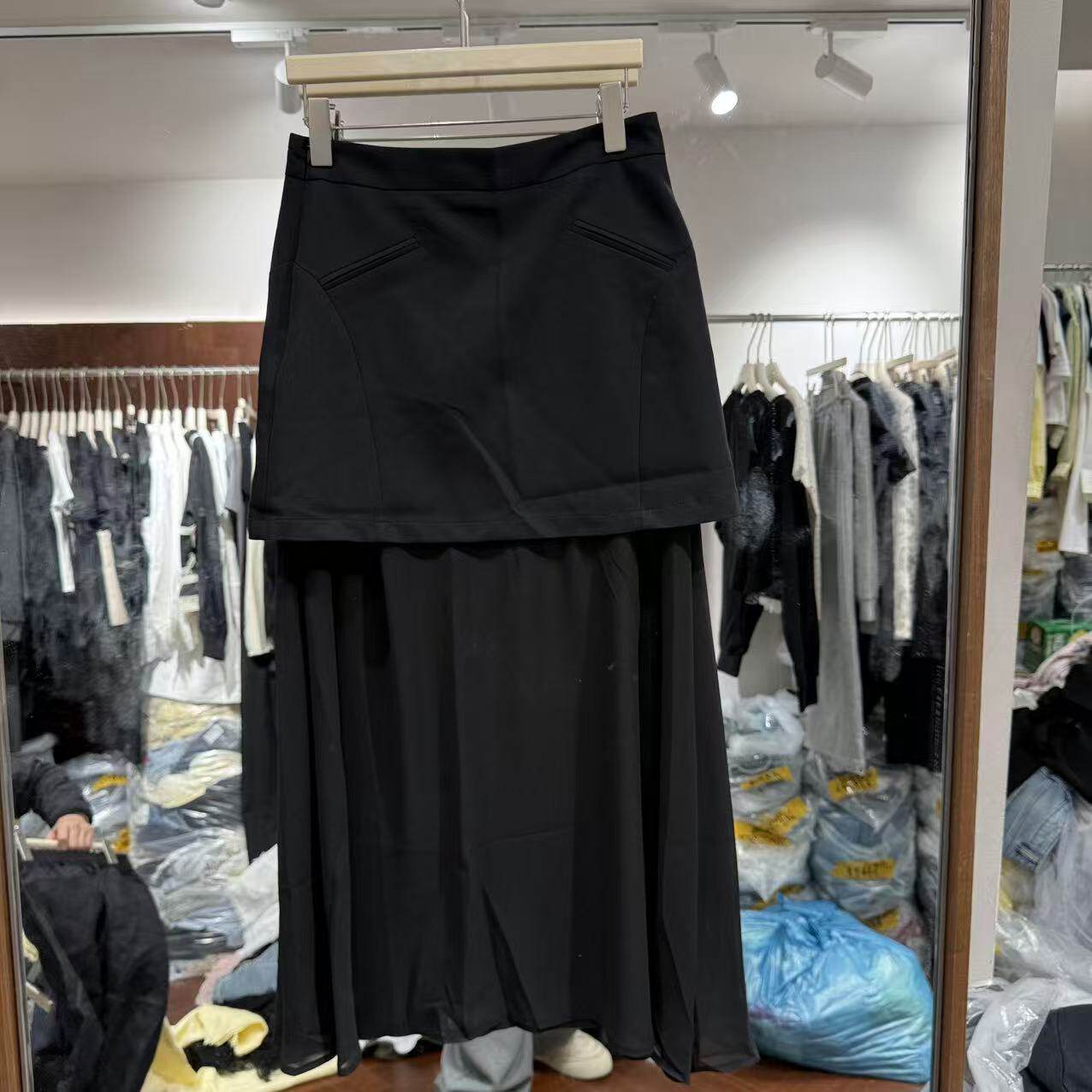 欧洲站2026新款欧货时尚高腰拼接假两件百搭西装半身裙女潮63007
