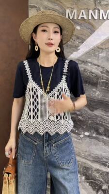 曼曼家2026夏季新款洋气圆领拼接蕾丝吊带显瘦假两件上衣女56018