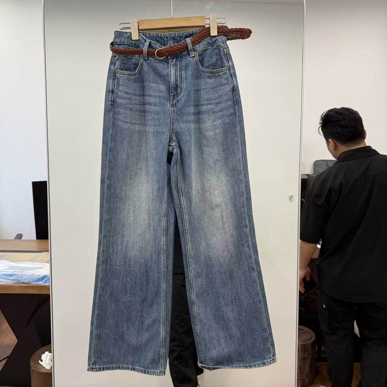 欧洲站2026夏新款欧货复古怀旧编织腰带盖袋显瘦直筒牛仔裤女1824