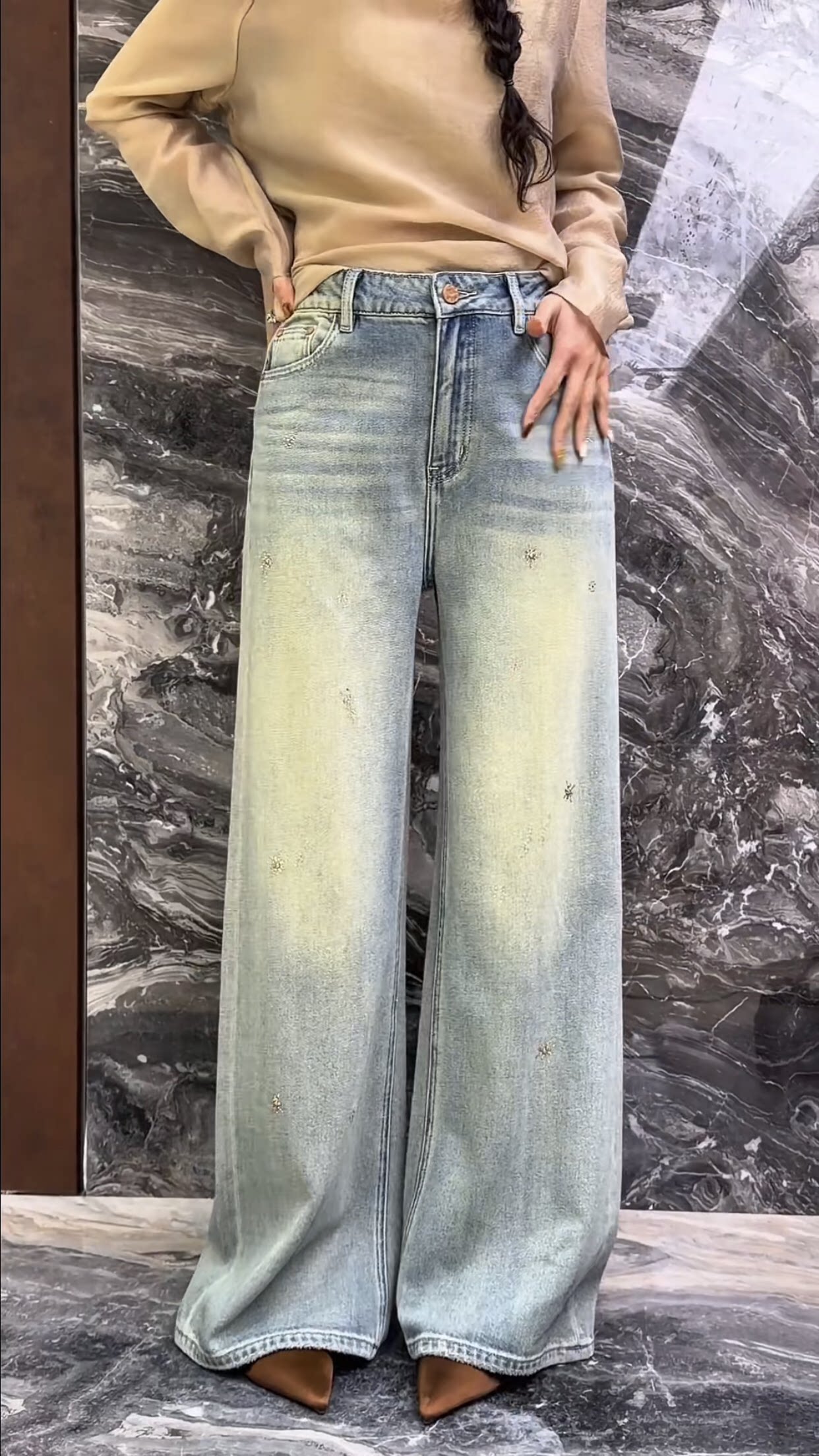 M.Z曼曼家2026春季新款欧货钉珠复古加长阔腿牛仔裤拖地直筒裤