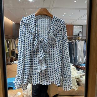 欧洲站2026春新款 女Q411 复古荷叶领绑带爱心印花洋气百搭减龄衬衫