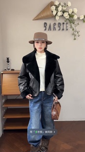 欧洲站2025冬新时尚皮毛拼接翻领高级保暖皮质羽绒服外套81367