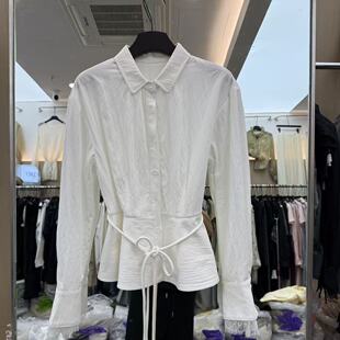 323 系带收腰气质百搭衬衫 欧洲站2026新款 欧货翻领蕾丝拼接喇叭袖