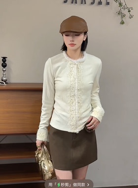 欧洲站2025冬时尚圆领蕾丝拼接休闲保暖羊毛中式打底衫上衣61538