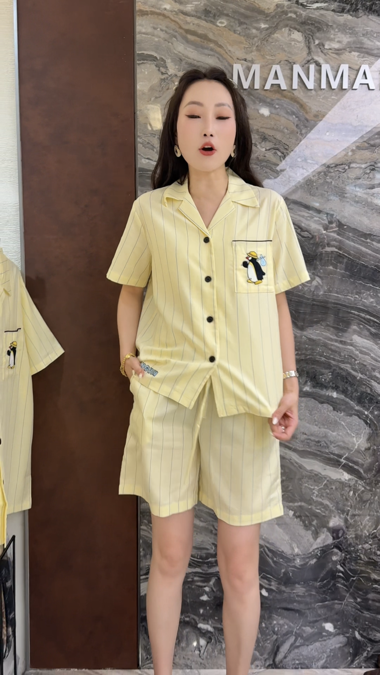 曼曼家2026夏新欧货时尚圆领条纹短袖短裤家居服套装女潮