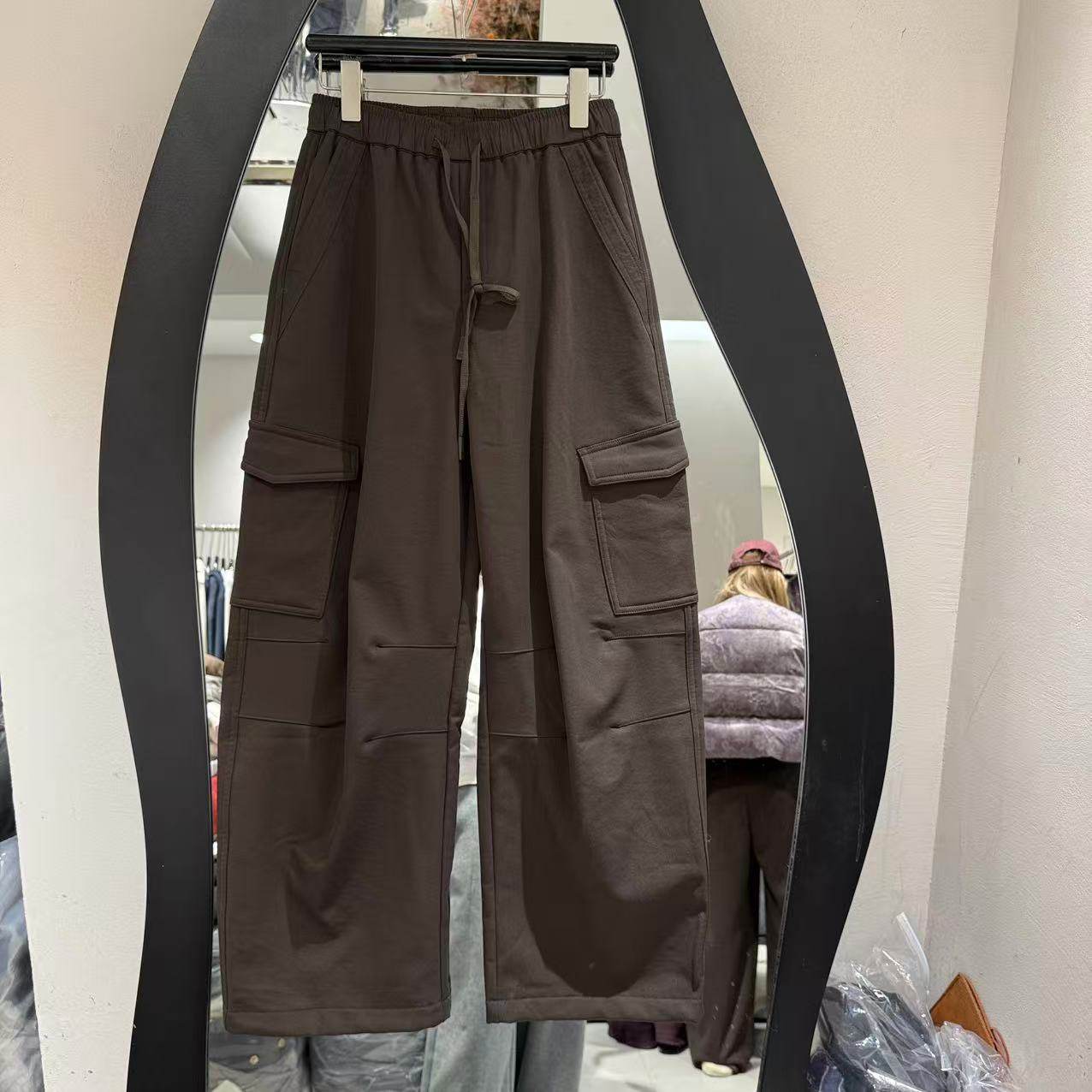 欧洲站2025冬款街头风松紧腰宽松多口袋加绒阔腿休闲工装裤86039