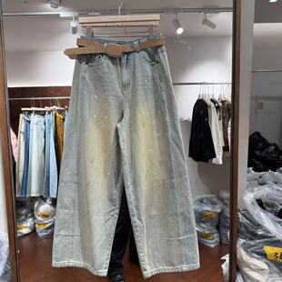 欧洲站2026春新款高腰配腰带复古做旧涂鸦斑点百搭牛仔裤女23260