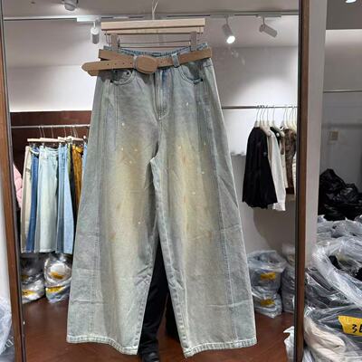 欧洲站2026春新款高腰配腰带复古做旧涂鸦斑点百搭牛仔裤女23260