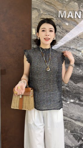 曼曼家2026夏新欧货时尚立领无袖真丝印花衬衫女宽松上衣背心