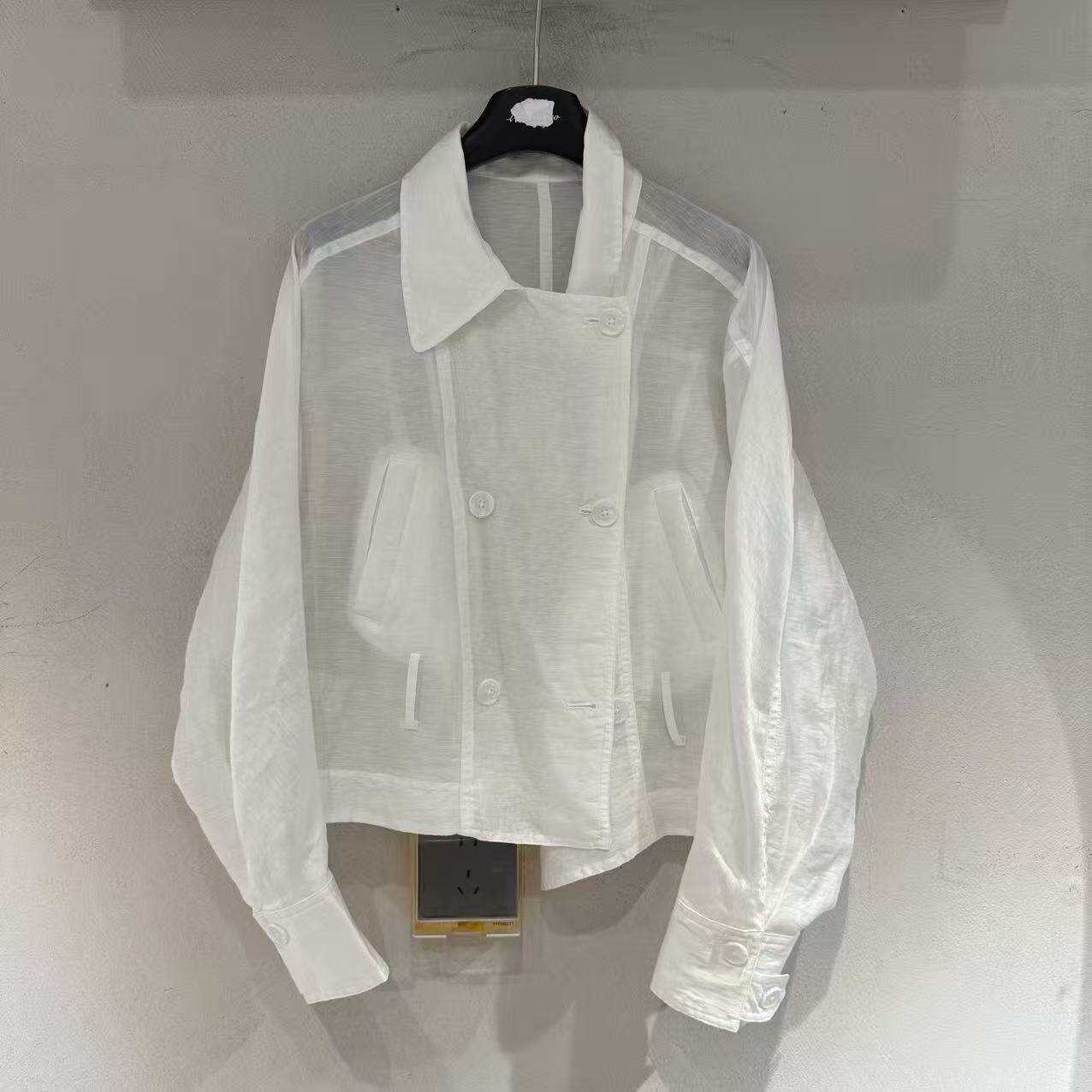 欧洲站2026夏新款欧货翻领双排扣轻薄透视天丝麻休闲上衣女25628