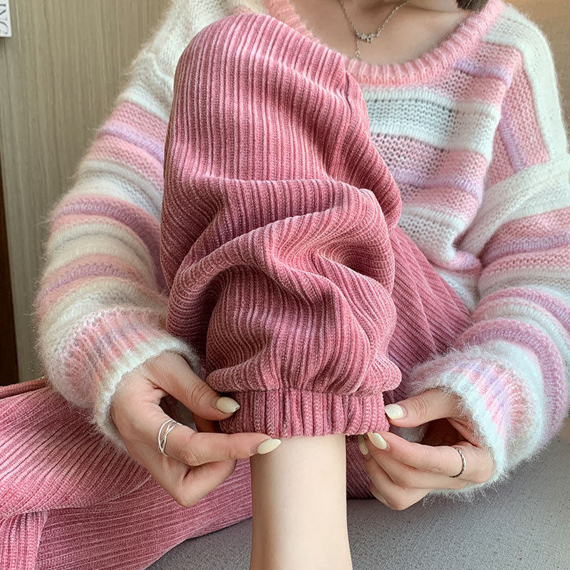 粉色灯芯绒裤子女秋冬2025新款萝卜裤束脚九分运动裤休闲