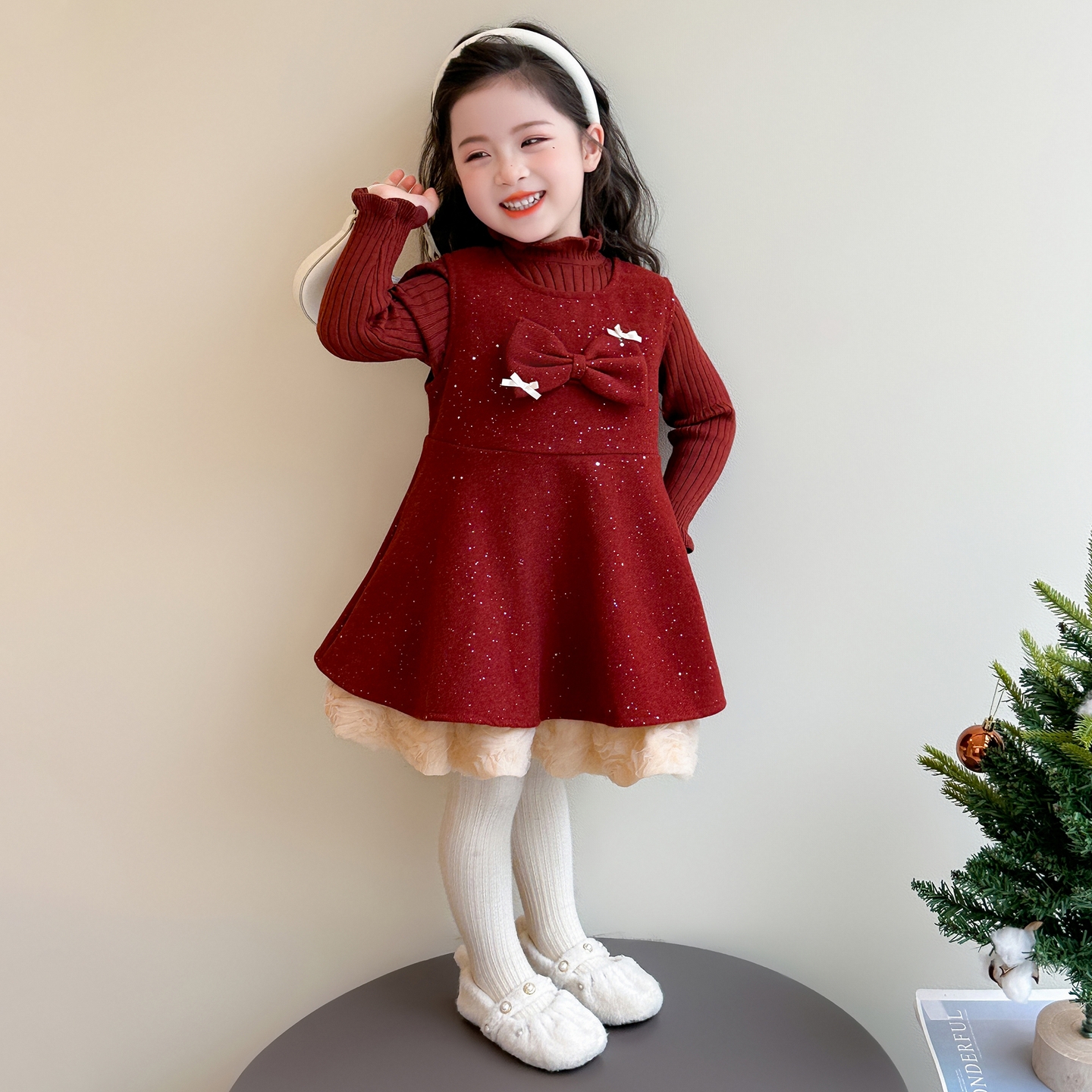 女童红色连衣裙套装冬洋气新年装
