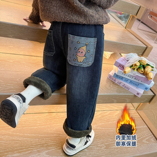 子冬装 女宝宝一体绒牛仔裤 2025新款 直筒裤 加厚儿童窄版 女童加绒裤