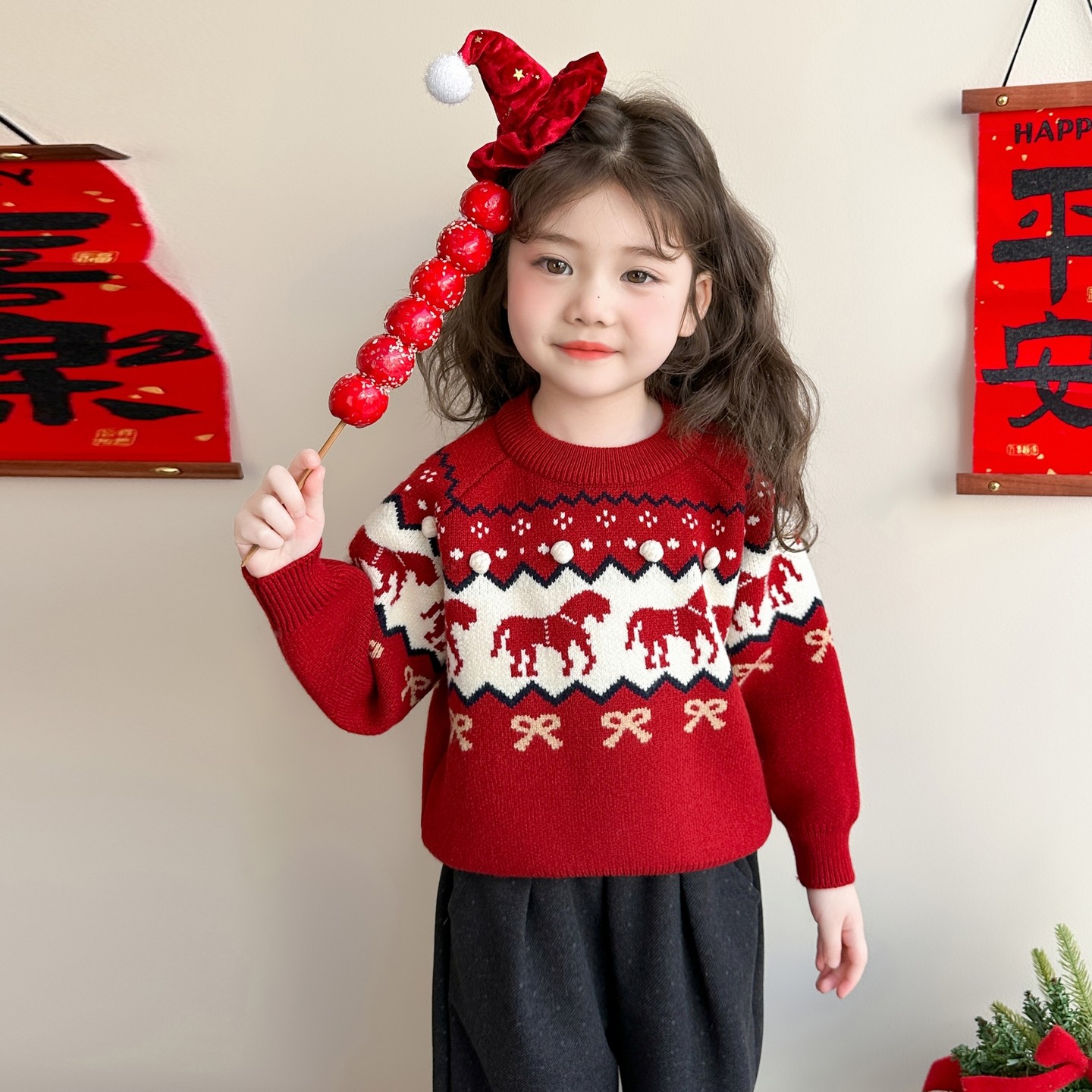 女童红色毛衣冬季加厚圣诞儿童新年上衣宝宝冬装内搭打底衫毛线衣