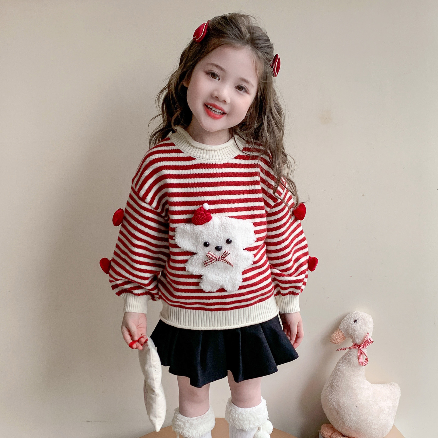 女童毛衣秋冬季2025新款儿童加厚打底衫女宝宝冬装内搭红色针织衫