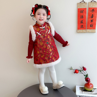 拜年服女童新年套装 汉服宝宝红色裙子儿童过年衣服 旗袍连衣裙冬装