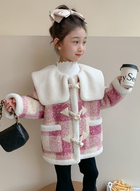 女童加绒呢子外套冬装洋气牛角扣