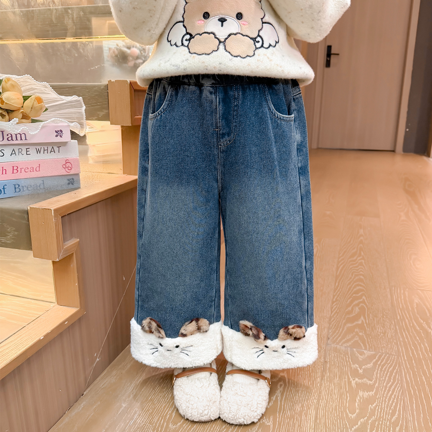 女童加绒牛仔裤洋气时髦阔腿裤子