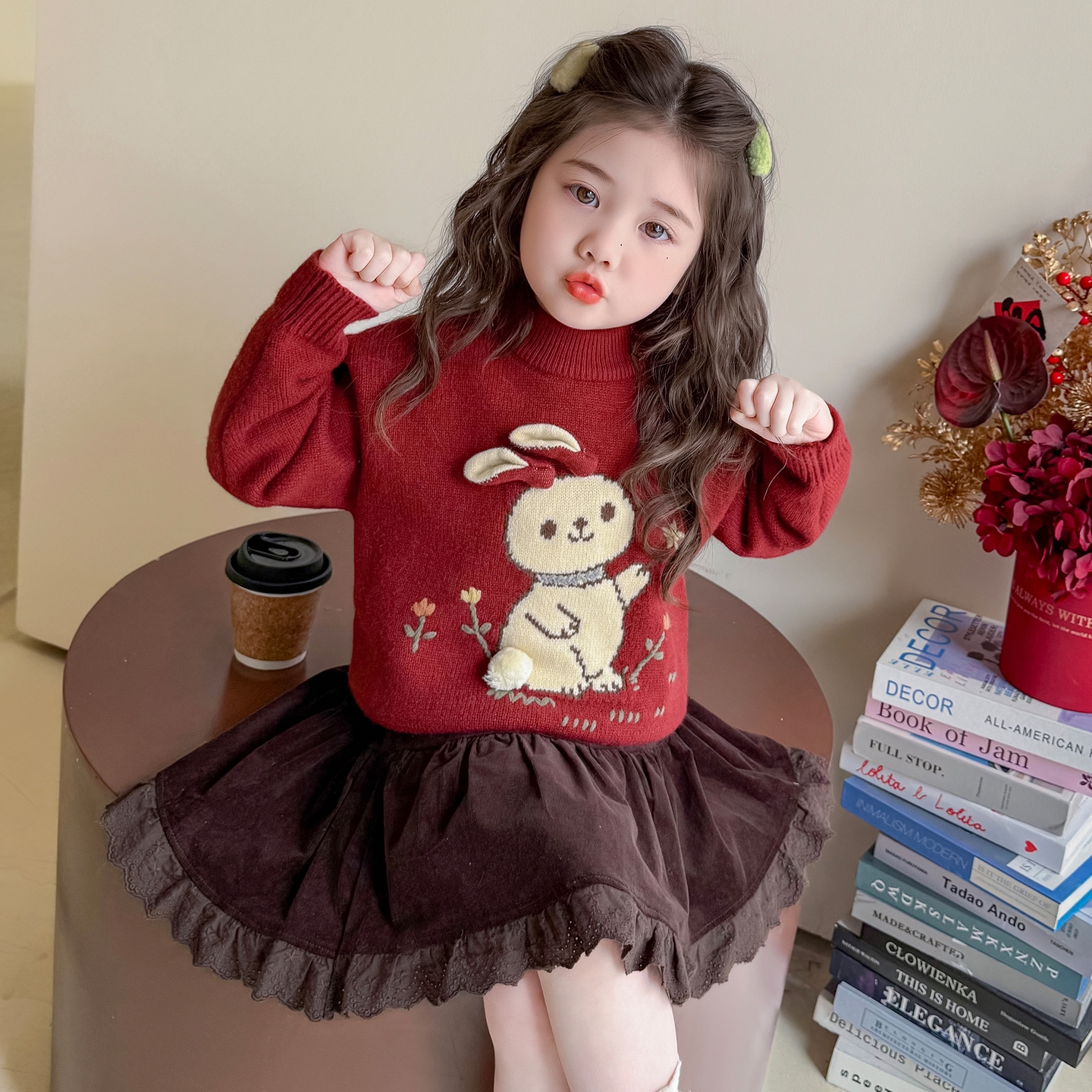 女童红色毛衣2025新款冬季加厚儿童针织毛线衣宝宝冬装内搭打底衫