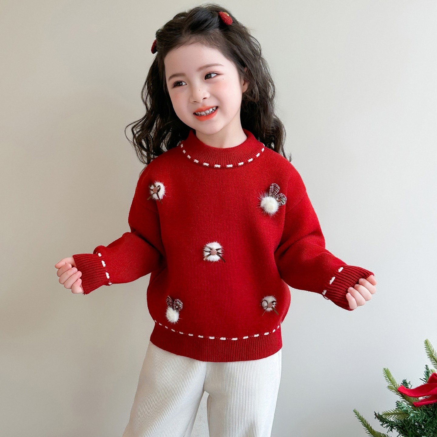 女童毛衣冬季加厚一体绒儿童打底衫女宝宝冬装内搭红色针织衫上衣