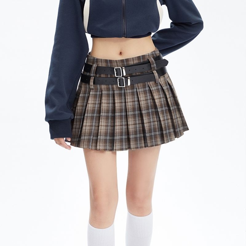 APEA美式复古学院风百褶裙女春秋辣妹双腰带设计半身裙jk格子短裙_虎窝淘
