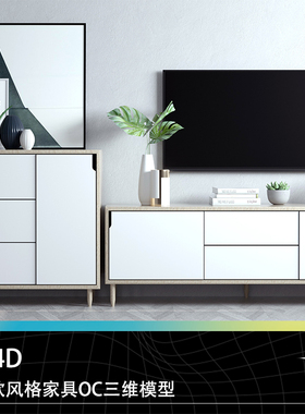 C4D现代家具北欧风格家具电视柜电视机盆景台灯三维模型素材文件
