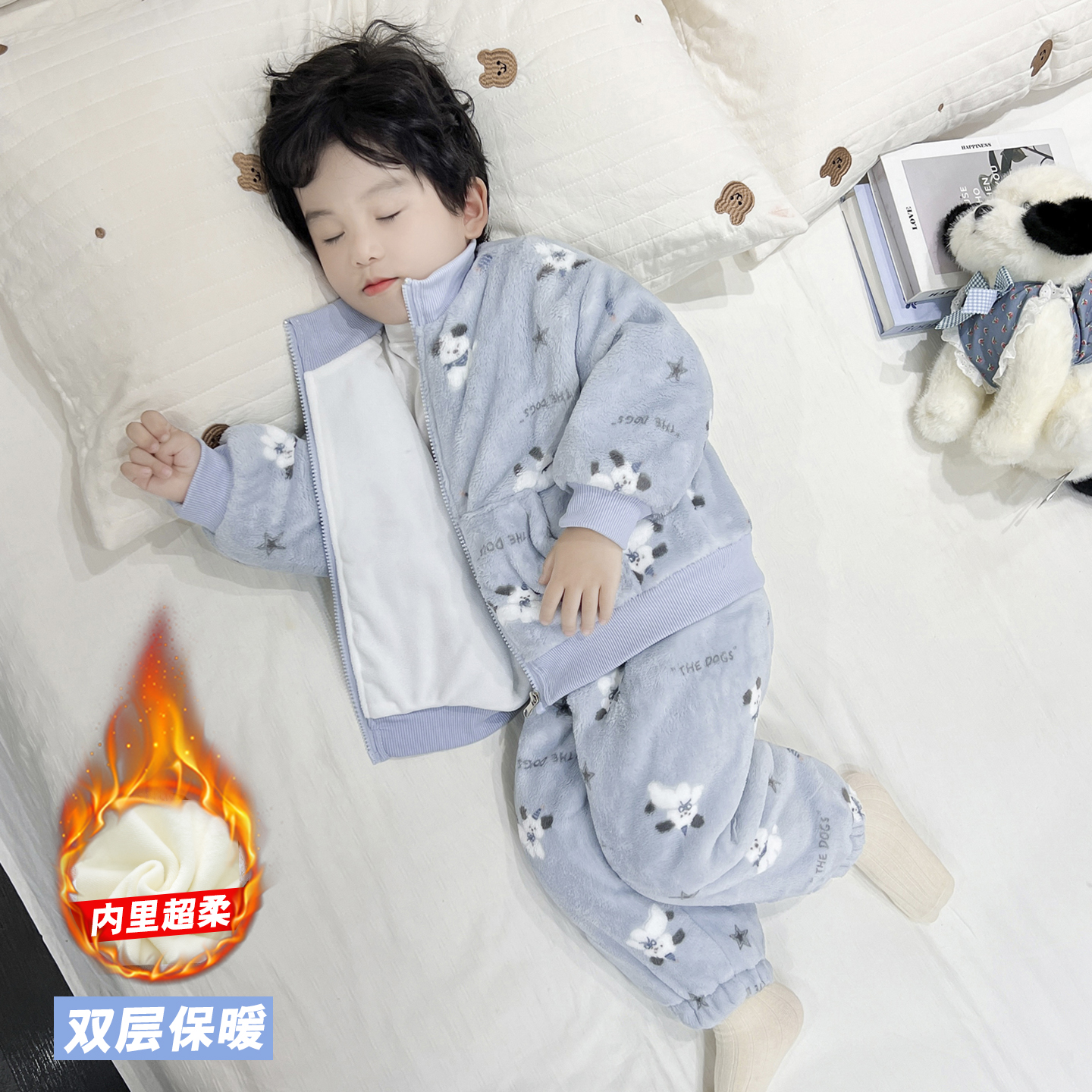 男宝宝加厚睡衣冬季男孩双层保暖套装奥粒绒家居服男童卡通衣服冬