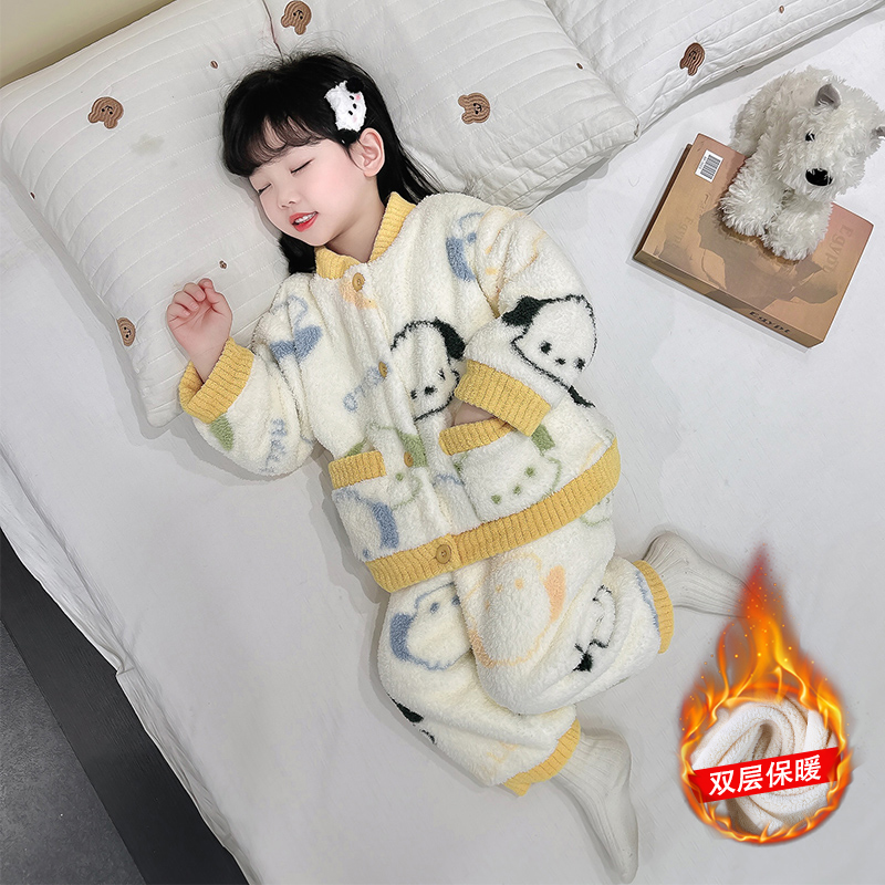 女童加厚睡衣冬季儿童双层开衫保暖家居服套装女孩宝宝卡通睡衣冬