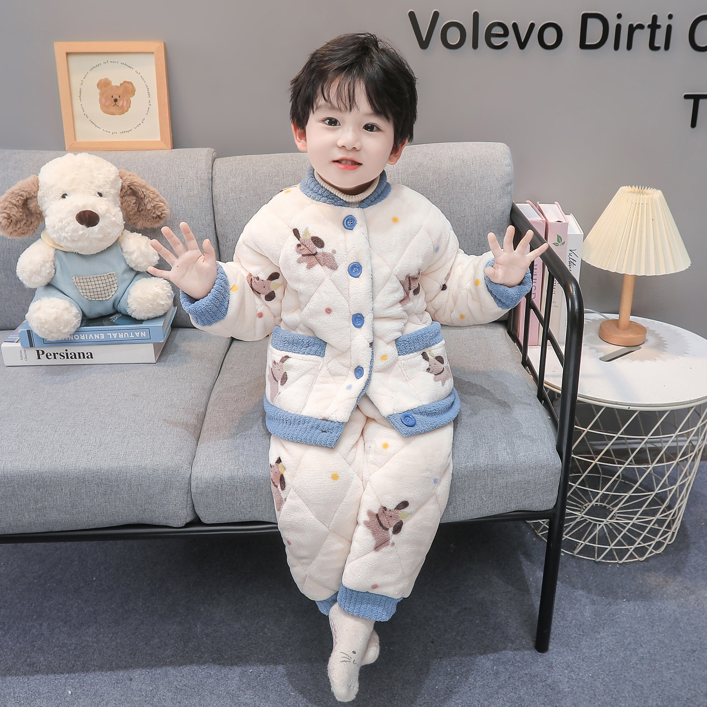 男童三层夹棉家居服冬季男孩儿童卡通加厚保暖睡衣套装宝宝衣服冬