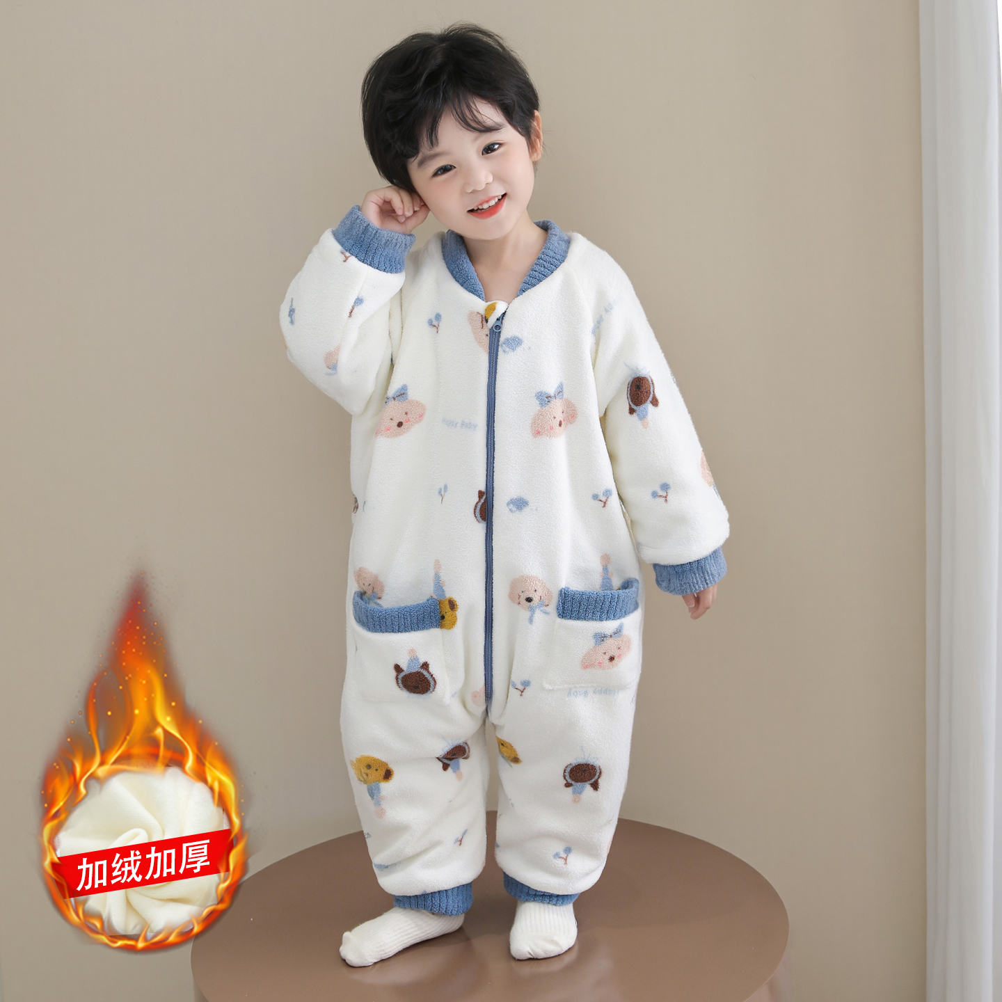 儿童连体睡衣秋冬保暖法兰绒男孩三层夹棉家居服超厚睡袋宝宝爬服