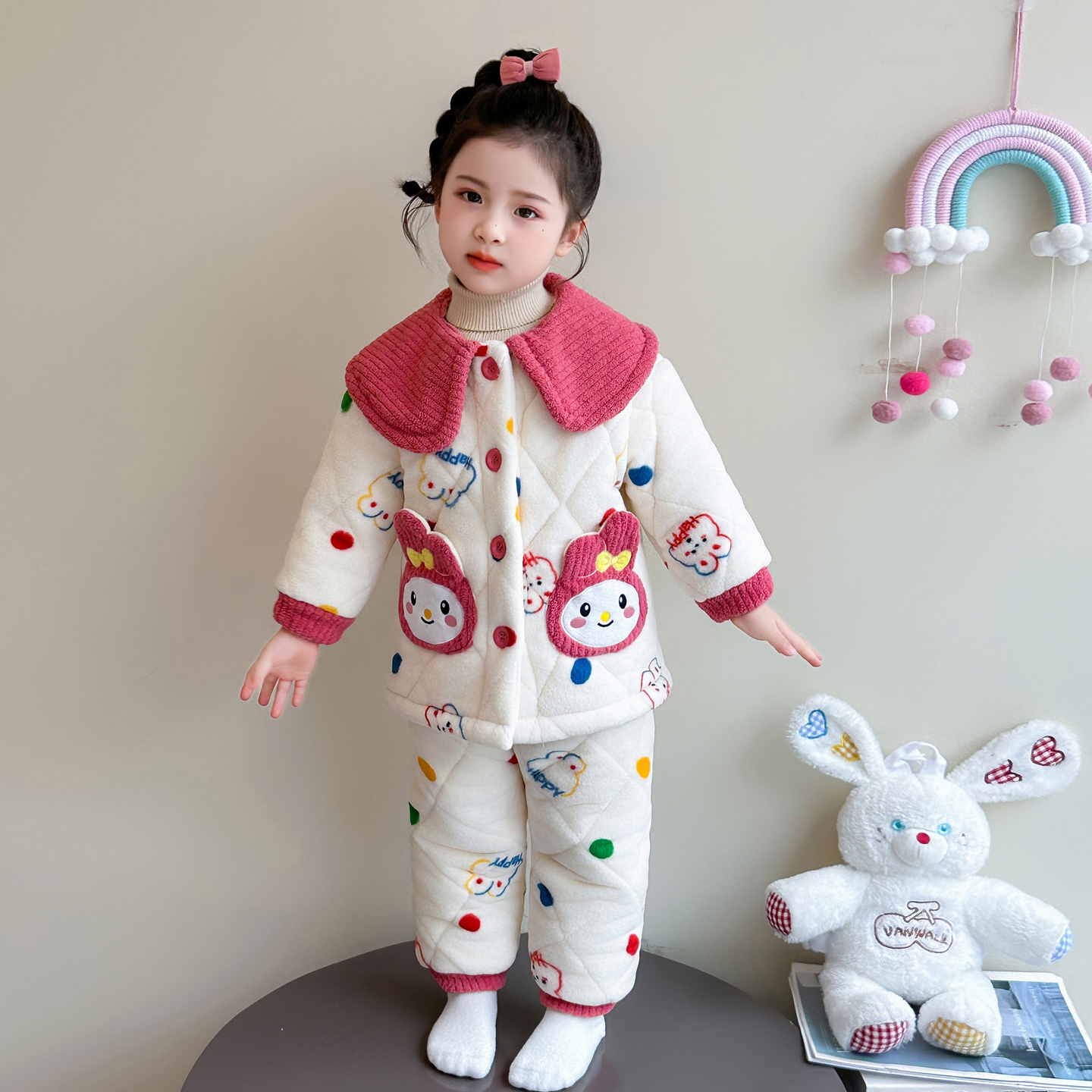女童睡衣冬季女孩娃娃领法兰绒家居服三层夹棉女宝宝超厚保暖套装