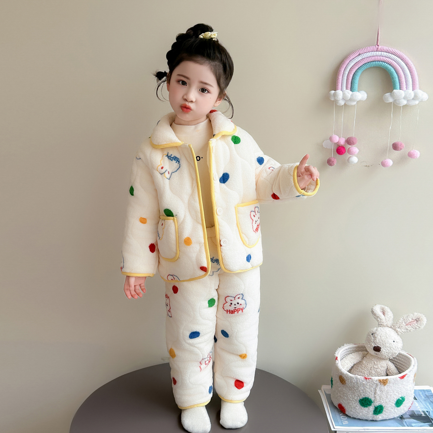 女童加厚睡衣冬季儿童法兰绒三层夹棉家居服公主套装宝宝保暖衣服