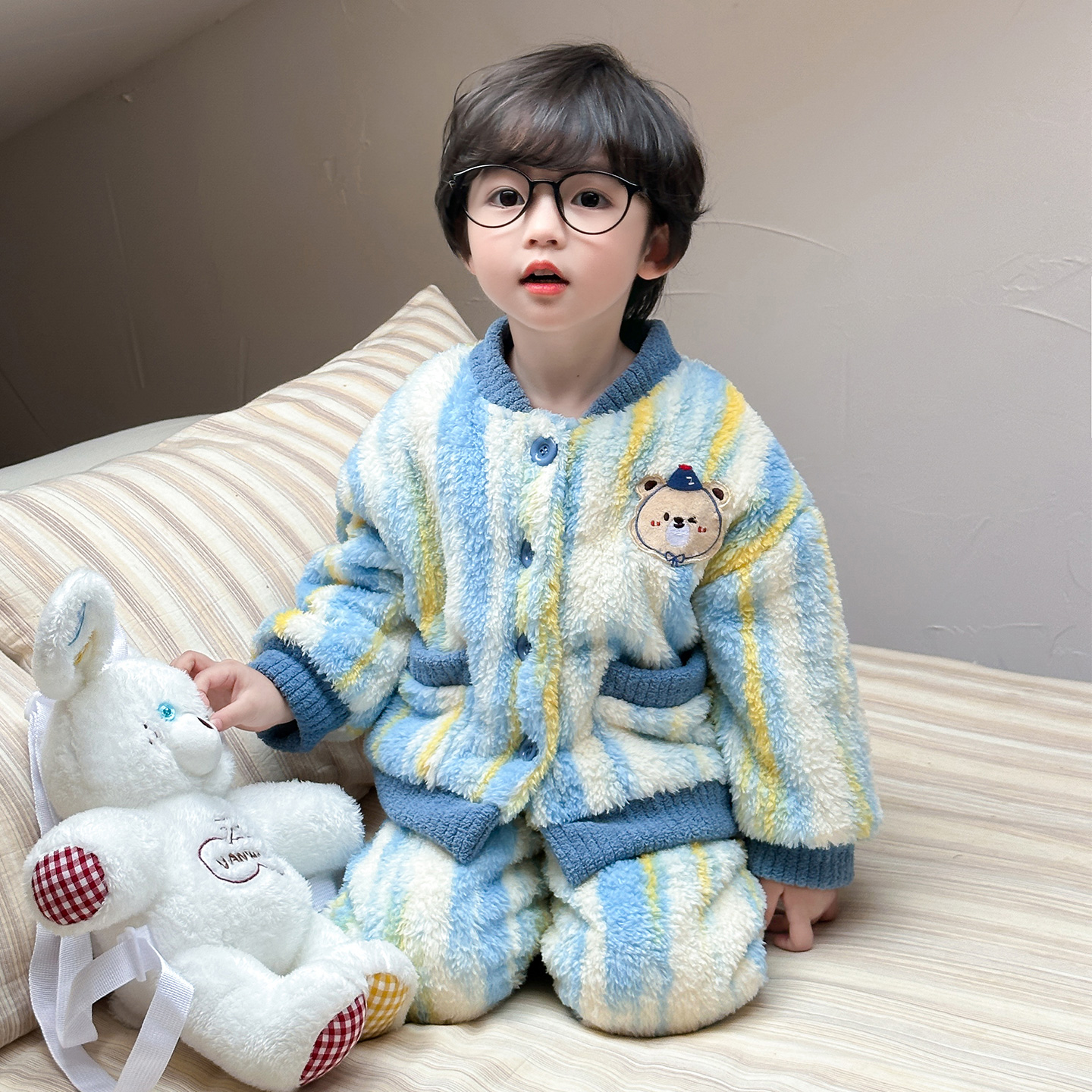 男童珊瑚绒睡衣冬季儿童加绒加厚保暖家居服套装宝宝加厚衣服男孩