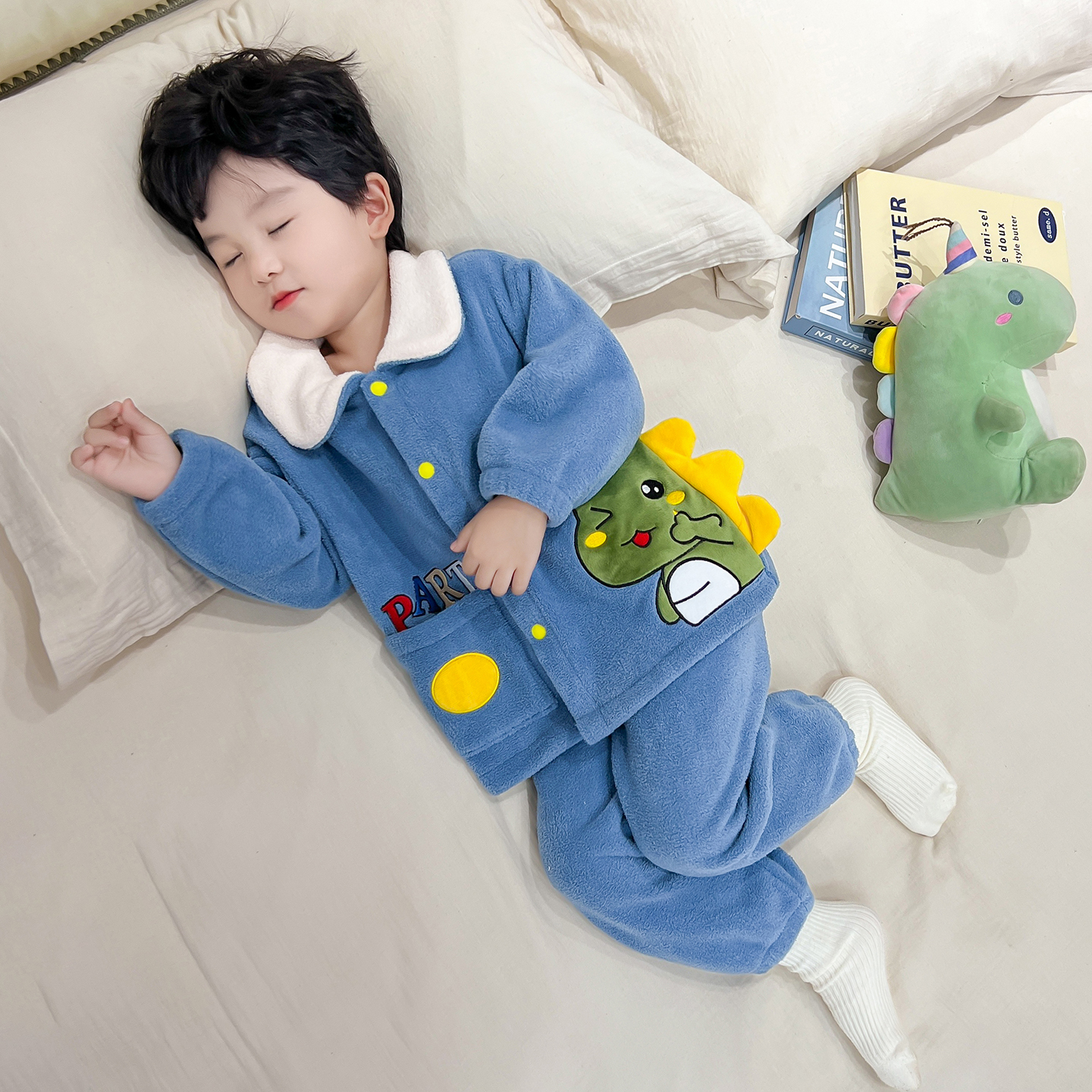 男童睡衣冬季保暖儿童开衫奥粒绒恐龙家居服男孩宝宝加厚卡通套装