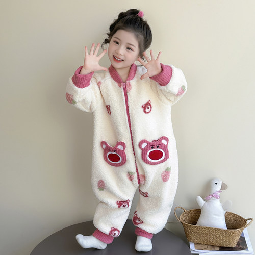 宝宝连体睡衣冬季加厚奥粒绒女孩防踢被保暖睡袋儿童如厕版爬爬服