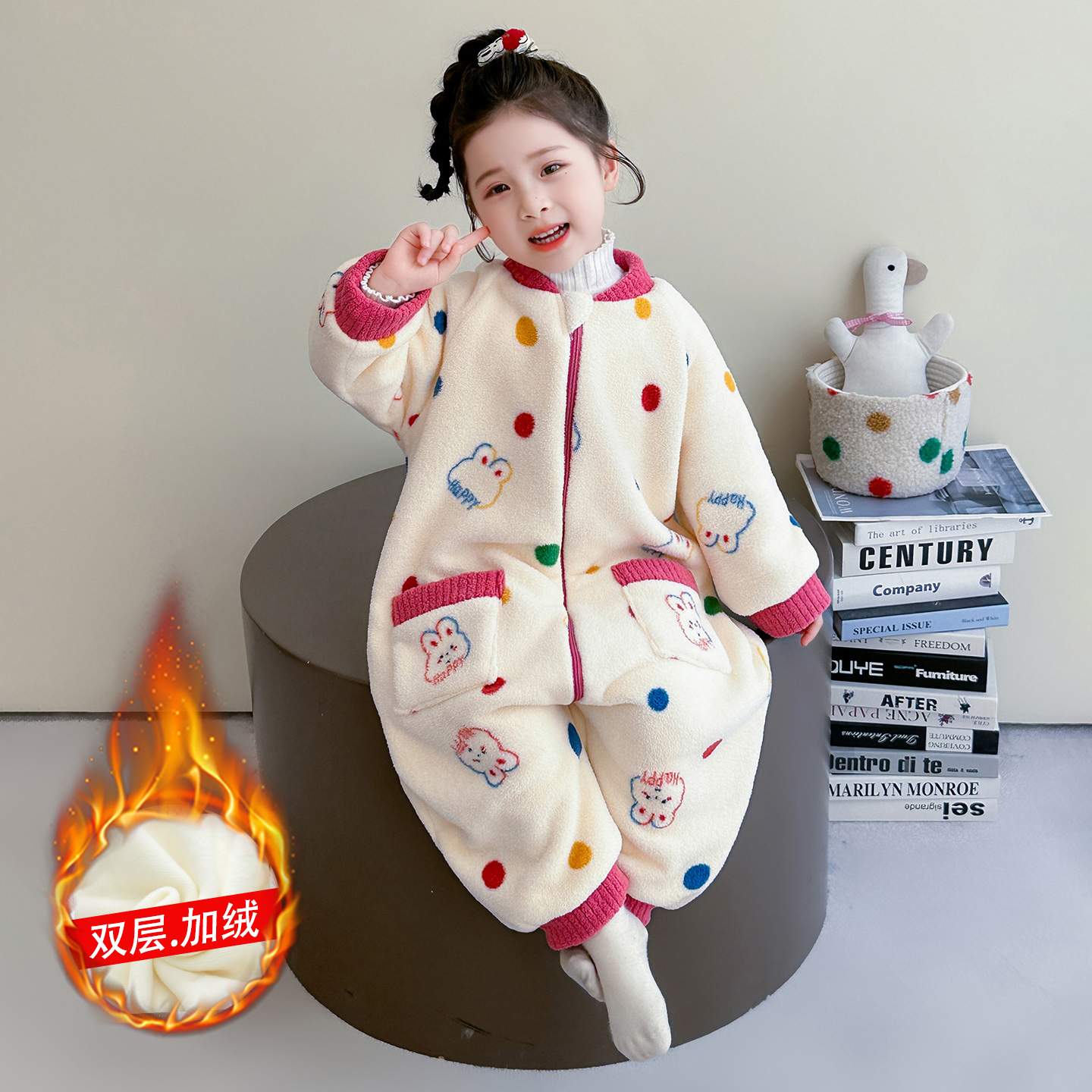 宝宝连体睡衣冬季保暖法兰绒小女孩双层加厚防踢被睡袋儿童爬爬服