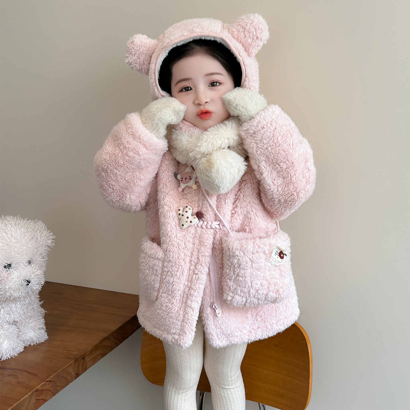 女童加绒加厚外套冬装小女孩韩版保暖连帽衣服儿童宝宝卡通毛毛衣