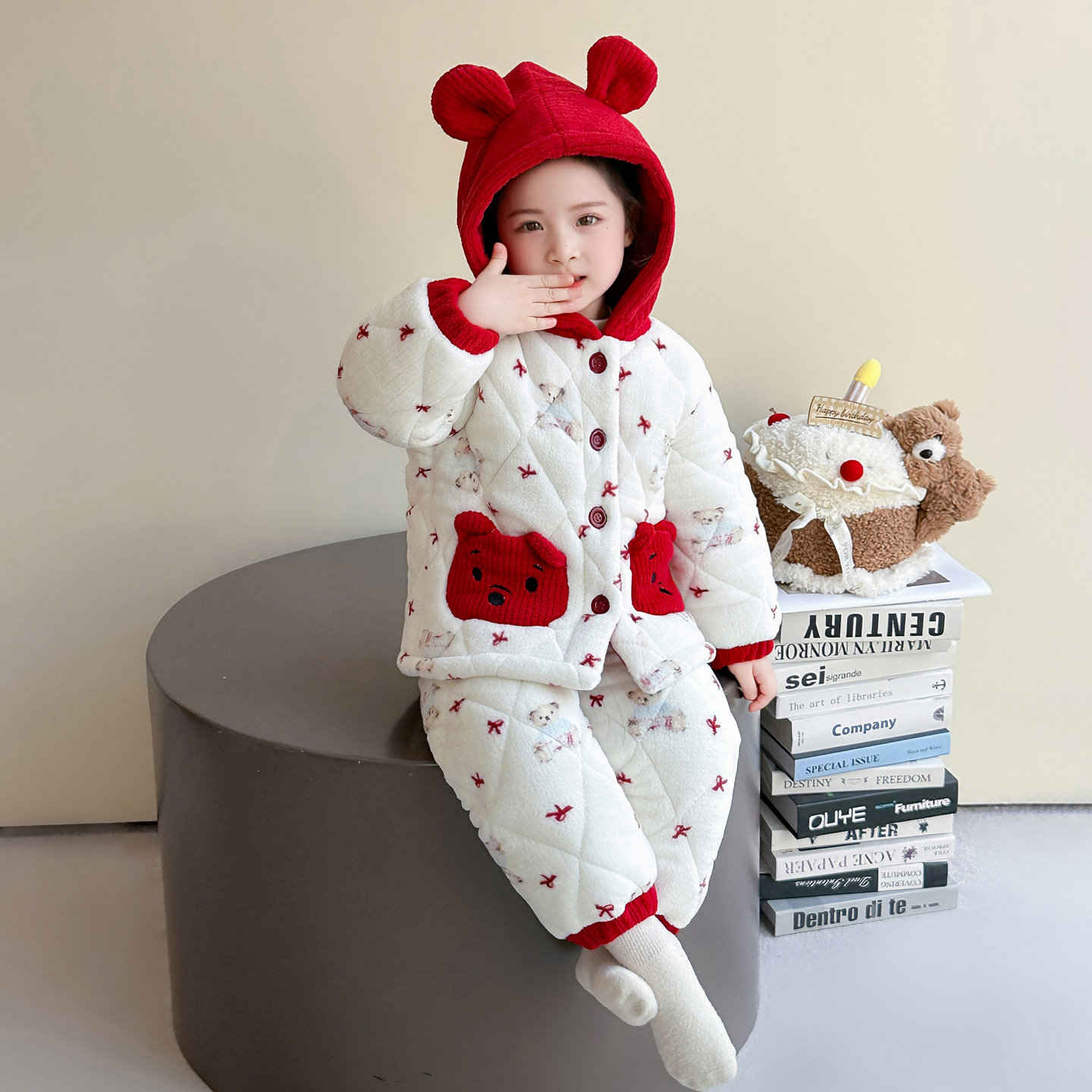 女童三层夹棉家居服冬季女孩公主连帽保暖睡衣儿童宝宝加厚衣服冬