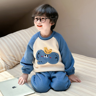 男童冬季睡衣杨梅绒男孩儿童加厚保暖套头家居服男宝宝卡通睡衣冬