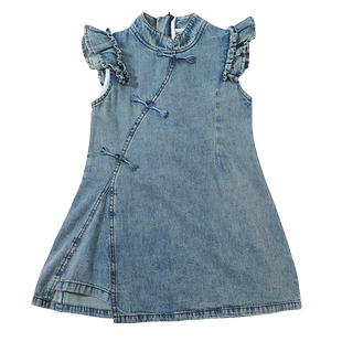 女童飞袖连衣裙2025夏季新款儿童网红中式旗袍裙女宝宝时尚牛仔裙