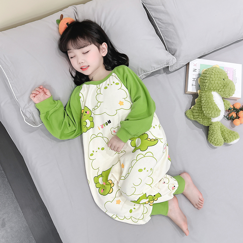 儿童纯棉连体睡衣秋季女童卡通防踢家居服保暖睡袋宝宝空调服秋冬