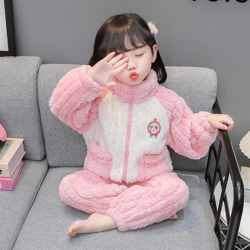女童珊瑚绒睡衣冬季儿童女孩加厚保暖家居服蛋仔套装宝宝睡衣开衫