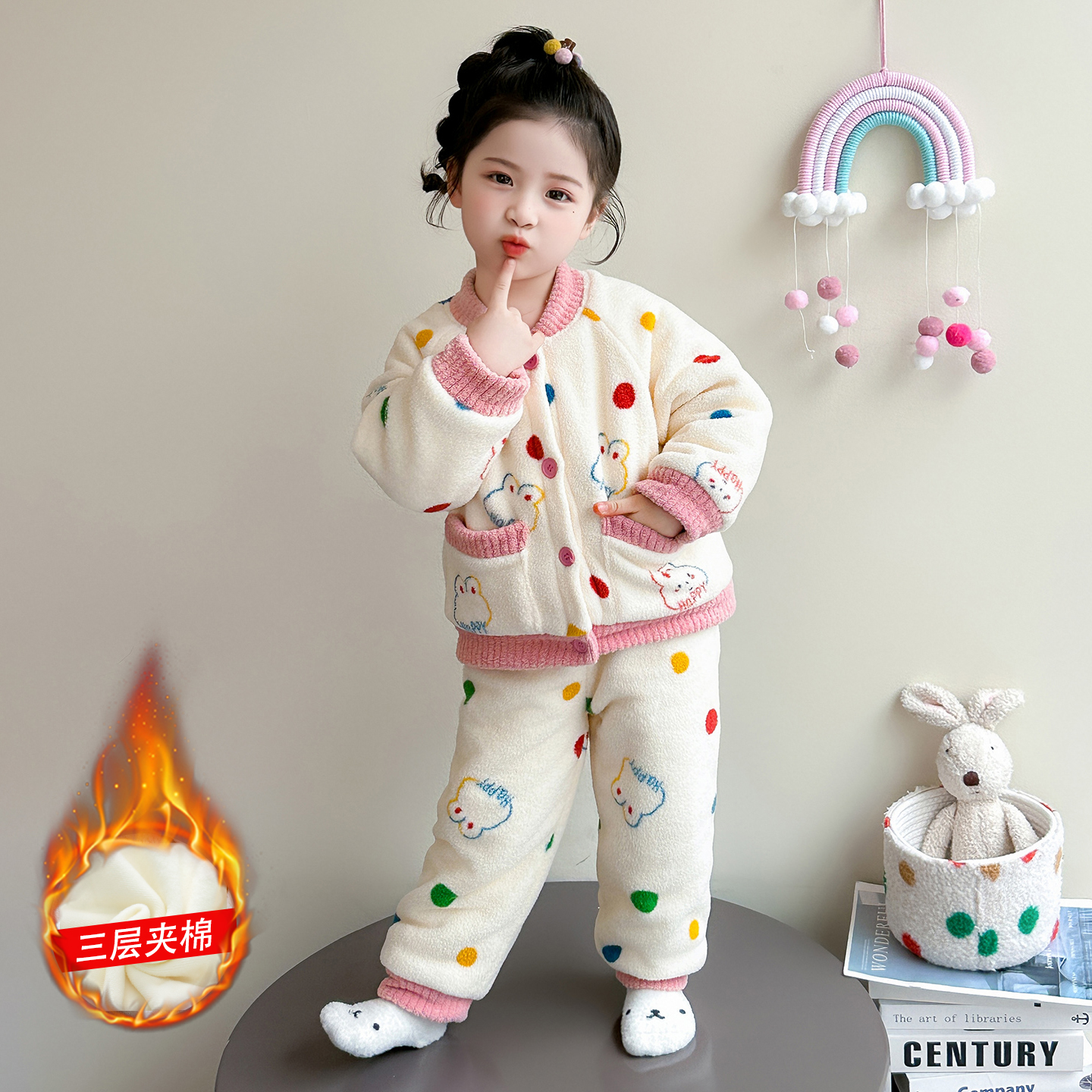 儿童睡衣冬季女童珊瑚绒家居服三层夹棉公主女宝宝超厚保暖套装冬